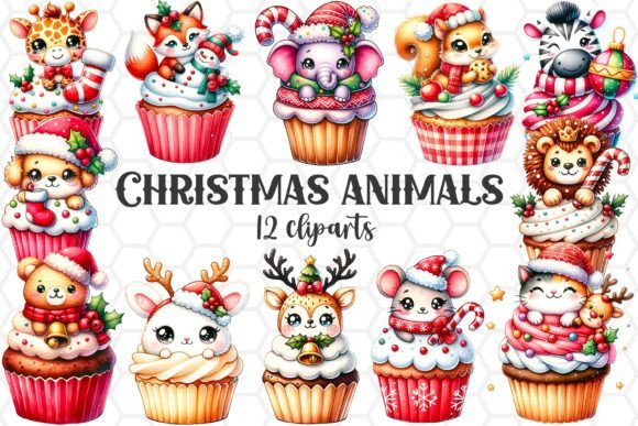 Christmas Cupcake Animals Clipart Bundle