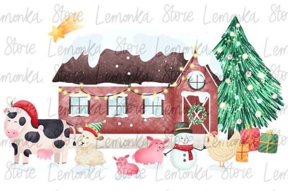 Christmas Farmhouse with Animals Png