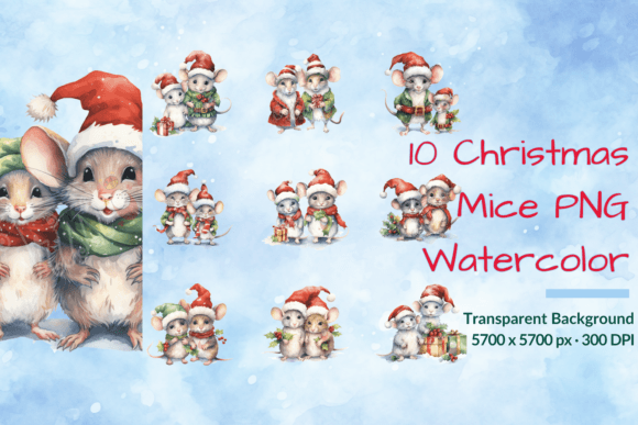 Christmas Mice Watercolor Funny Clipart