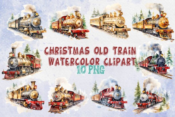 Christmas Old Train Watercolor Clipart for Brand Illustrations
