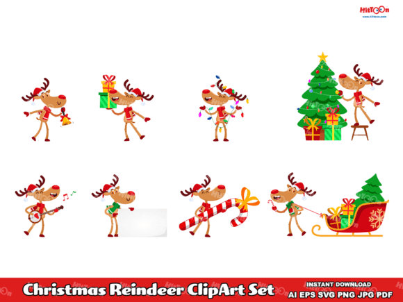 Christmas Reindeer Cartoon ClipArt Set: Illustrations for Handmade Design