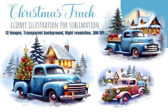 Christmas Truck Watercolor Clipart for Illustrations