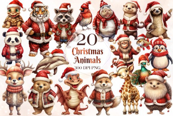 Vintage Christmas Animals Clipart Bundle for Illustrations