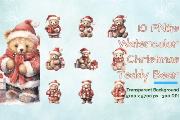 Watercolor Christmas Cute Teddy Bear PNG for Illustrations