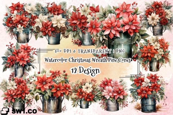 Watercolor Christmas Floral Sublimation for Branding and Illustrations