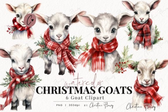Watercolor Christmas Goat Clipart for Brand Illustrations