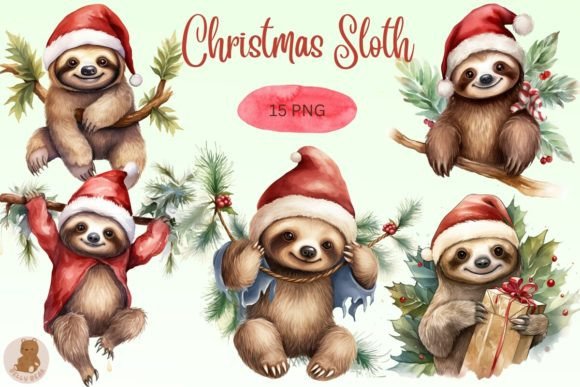 Watercolor Christmas Sloth Bundle for Sellable Illustrations