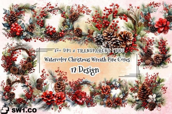 Watercolor Christmas Wreath Pine Cones: Editorial Illustrations for Content Creators