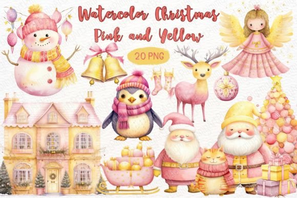Watercolor Pink and Yellow Christmas Illustrations